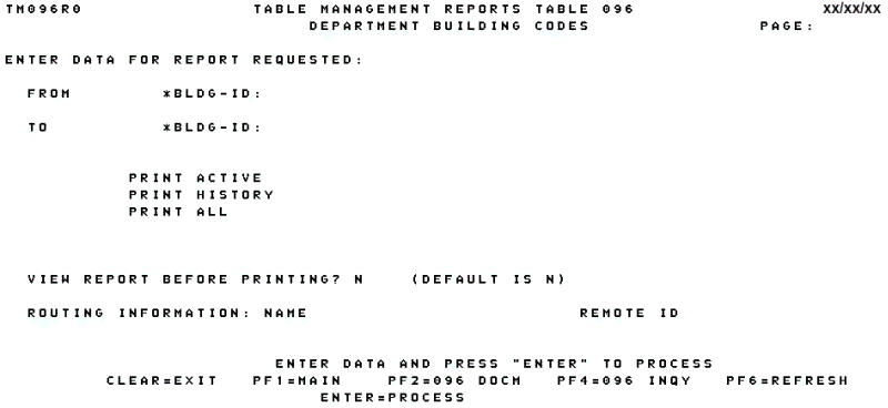 Table 096, Department Building Codes Reports Screen