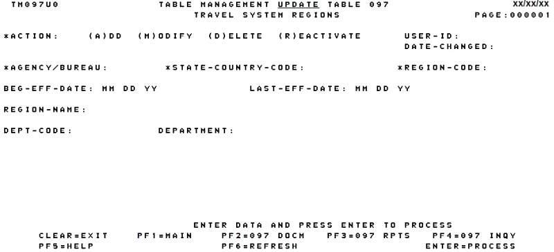 Table 097, Travel System Regions Update Screen