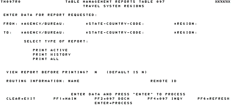 Table 097, Travel System Regions Reports Screen