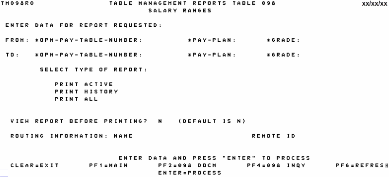 Table 098, Salary Ranges Reports Screen