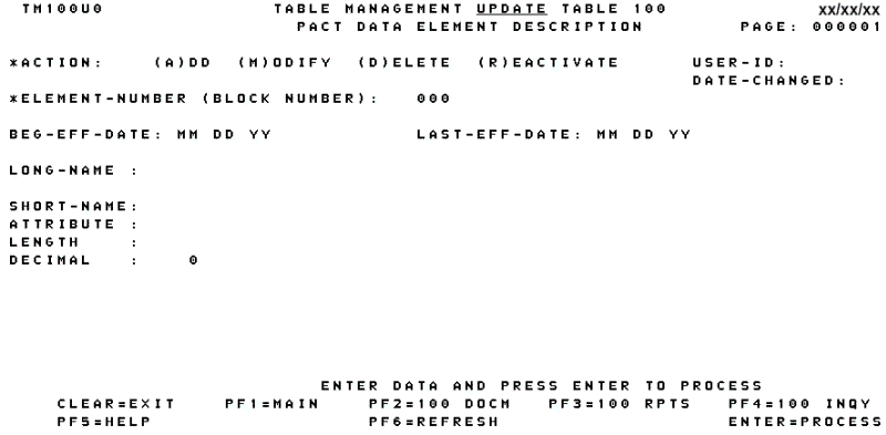 Table 100, PACT Data Element Description Update Screen