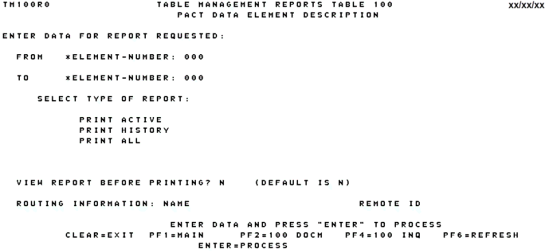 Table 100, PACT Data Element Description Reports Screen