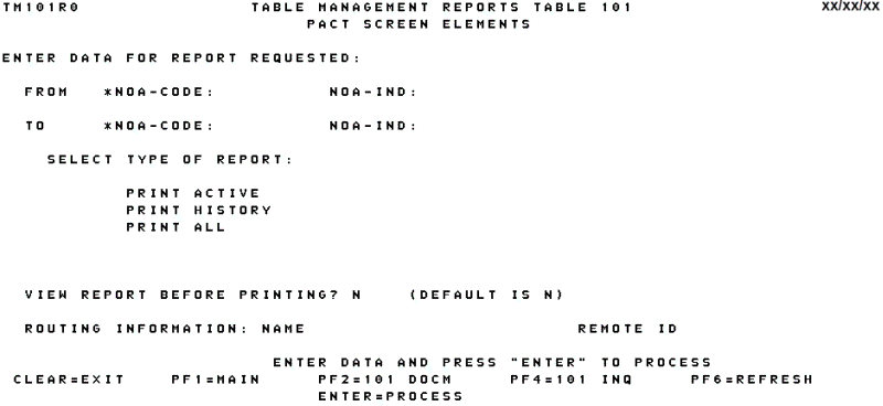 Table 101, PACT Screen Elements Reports Screen