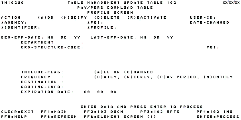 Table 102, Pay/Pers Download Table Profile Update Screen