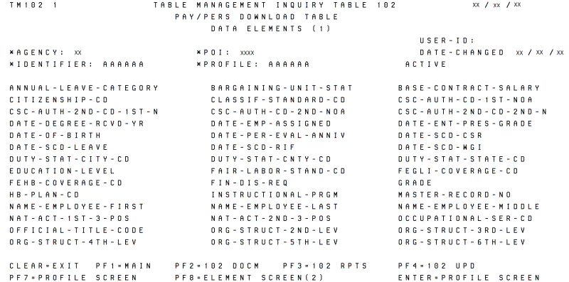 Table 102, Pay/Pers Download Table Data Elements (1) Update Screen