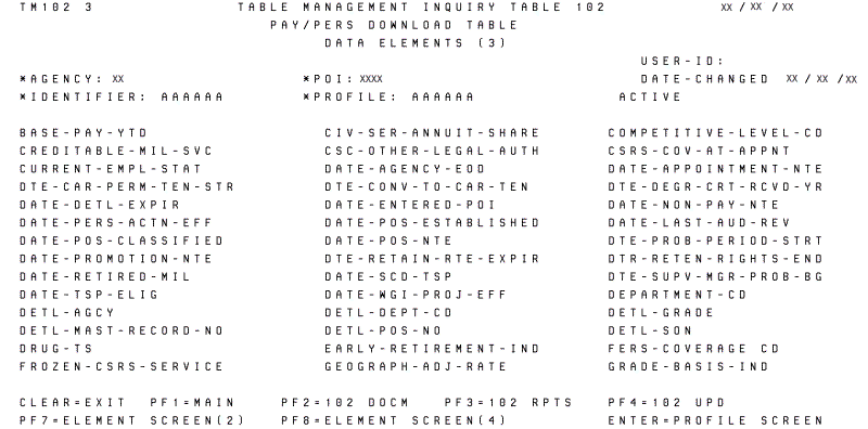 Table 102, Pay/Pers Download Table Data Elements (3) Update Screen