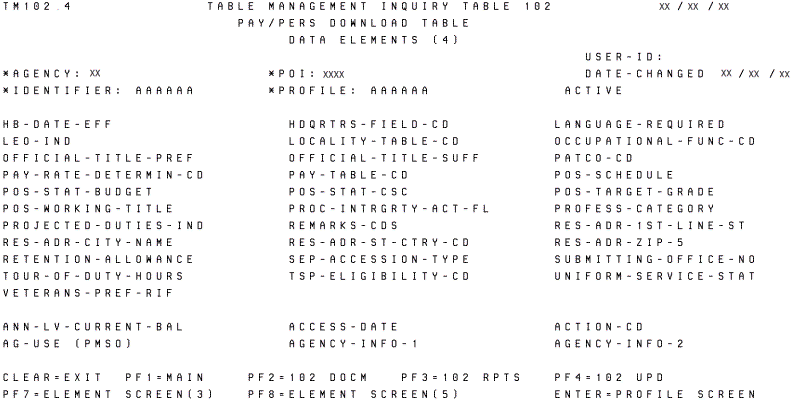 Table 102, Pay/Pers Download Table Data Elements (4) Update Screen