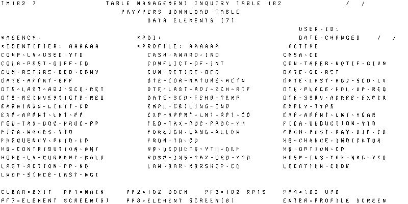 Table 102, Pay/Pers Download Table Data Elements (7) Update Screen