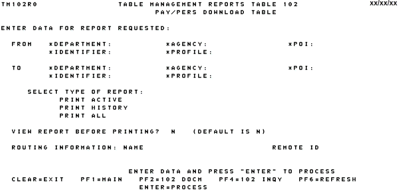 Table 102, Pay/Pers Download Table Reports Screen