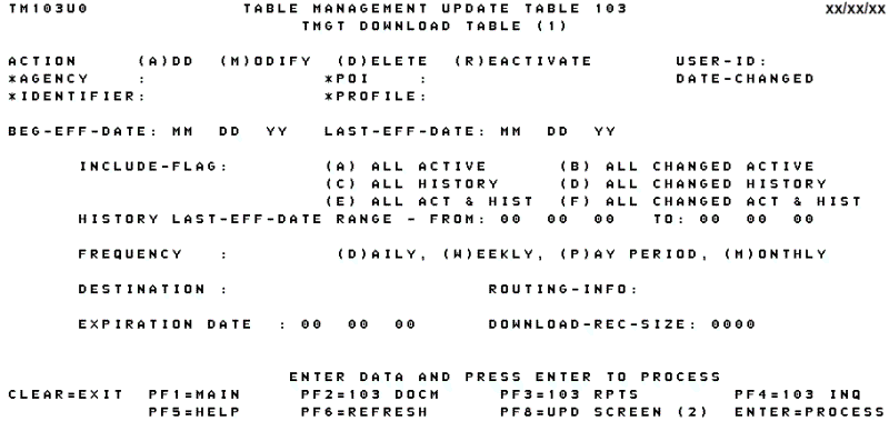 Table 103, TMGT Download Table (1) Update Screen