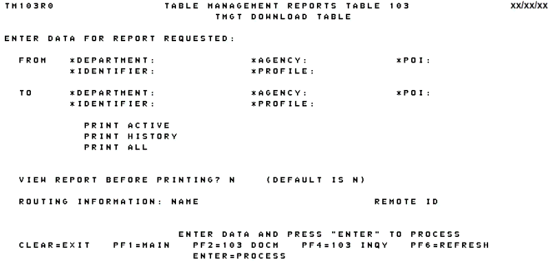 Table 103, TMGT Download Table Reports Screen