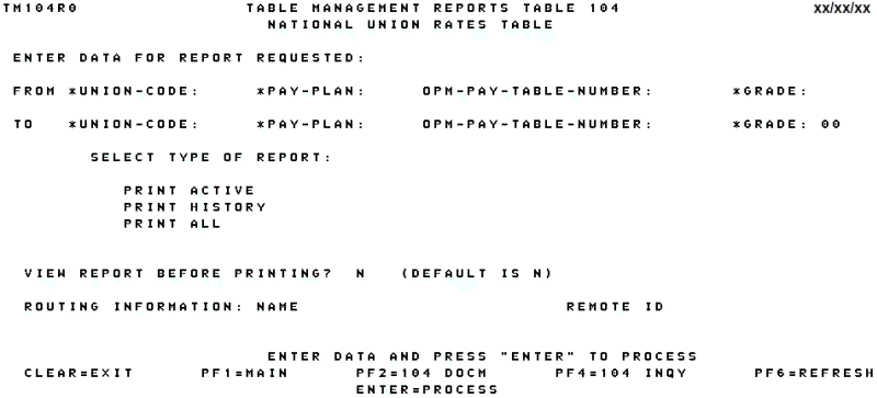 Table 104, National Union Rates Table Reports Screen