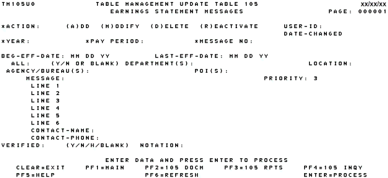 Table 105, Earnings Statement Messages Update Screen