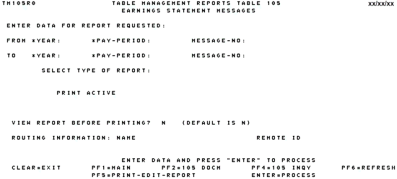 Table 105, Earnings Statement Messages Reports Screen
