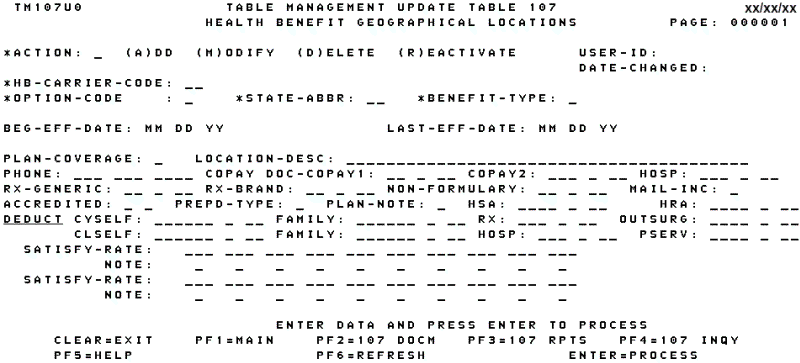 Table 107, Health Benefit Geographical Locations Update Screen