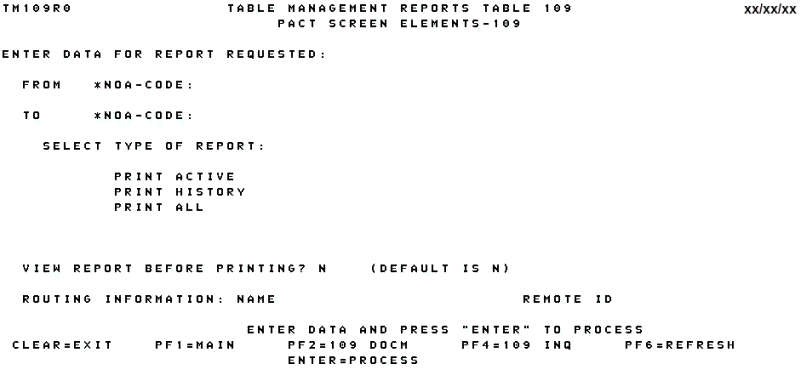 Table 109, PACT Screen Elements-109 Reports Screen