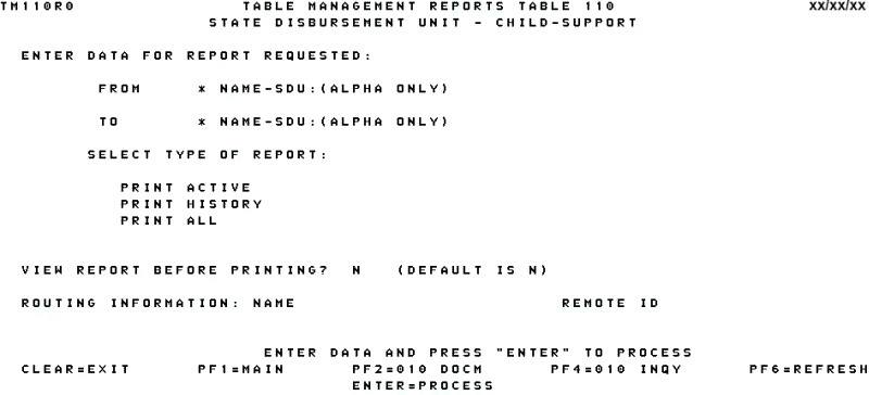 Table 110, State Disbursement Unit - Child Support Reports Screen