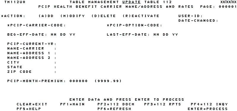 Table 112, PCIP Health Benefit Carrier Name/Addresses and Rates