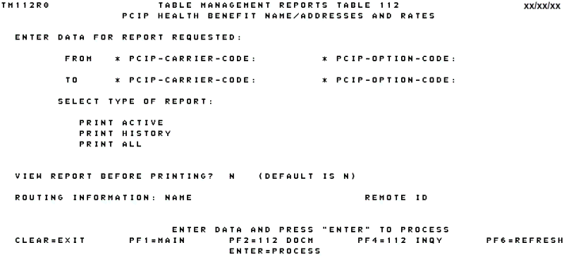 Table 112, PCIP Health Benefit Carrier Name Addresses and Rates Reports Screen