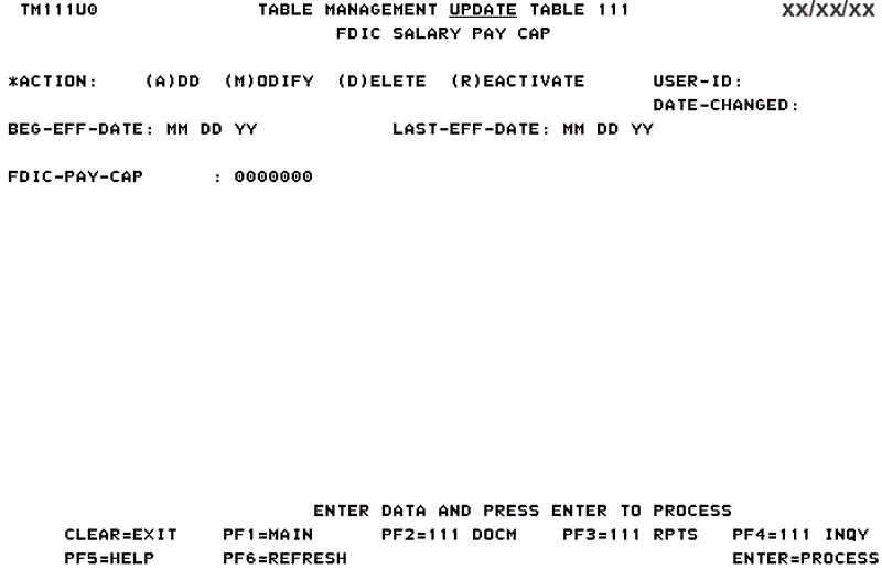 Table 111, FDIC Salary Pay Cap Update Screen