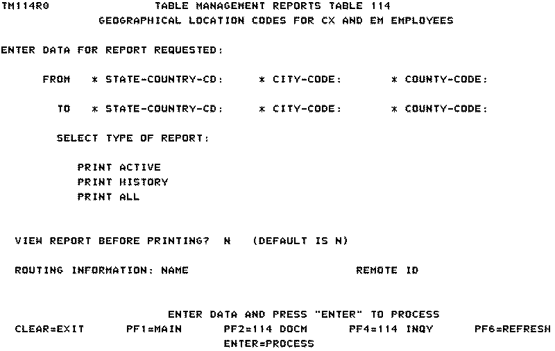 Table 114, Geographical Location For CX and EM Employees Reports Screen