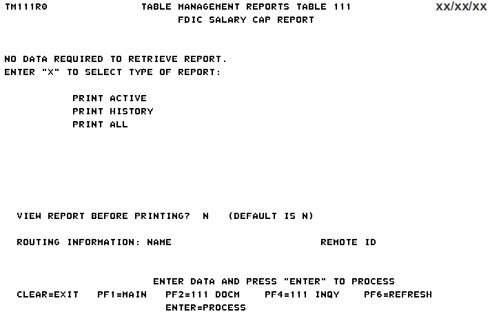 Table 111, FDIC Salary Cap Report Screen