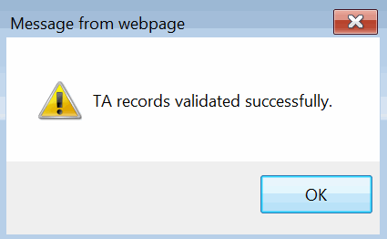 TA records validated successfully. Popup
