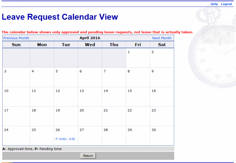 Leave Request Calendar View Page