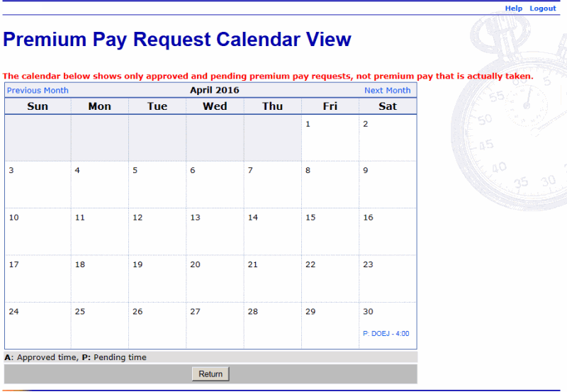 Premium Pay Request Calendar View Page
