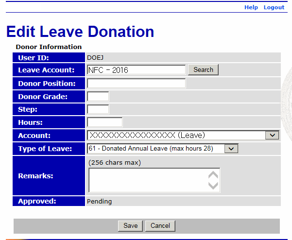 Edit Leave Donation Page (with the applicable donation request selected)