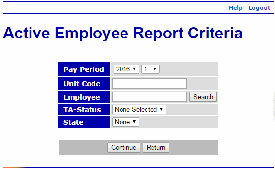 Active Employee Report Criteria Page