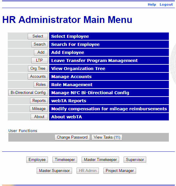 HR Administrator Main Menu Page
