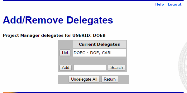 Add Remove Delegates Page -Project Manager Delegate Added