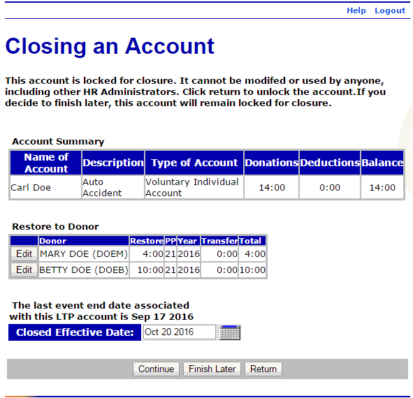 Closing an Account Page - VLTP