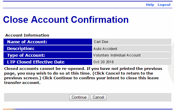Close Account Confimation Page