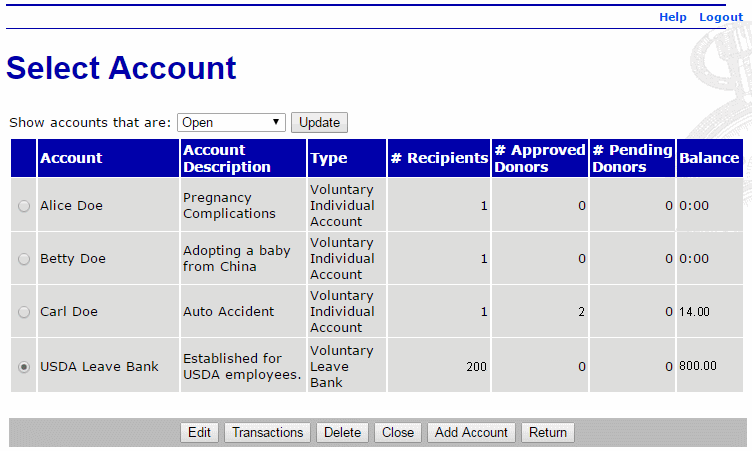 Select Account Page