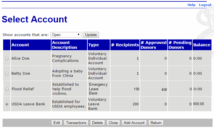 Select Account Page - Closing Leave Bank