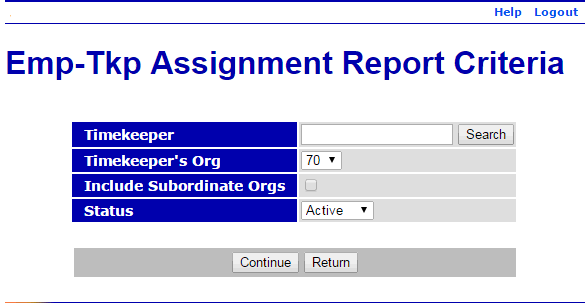 Employee-Timekeeper Assignment Report Criteria Page