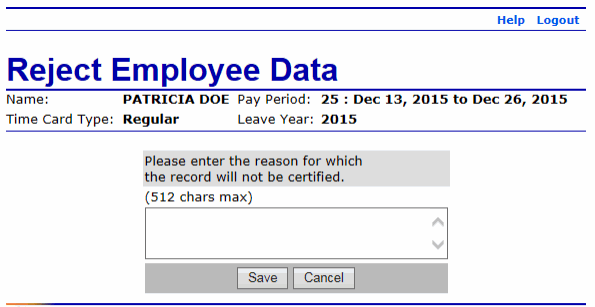 Reject Employee Data Page