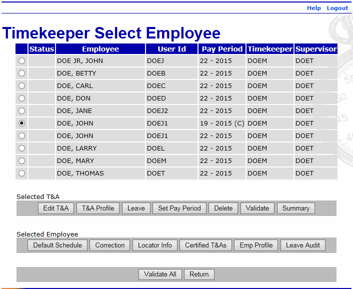 Timekeeper Select Employee Page - Corrected T&A