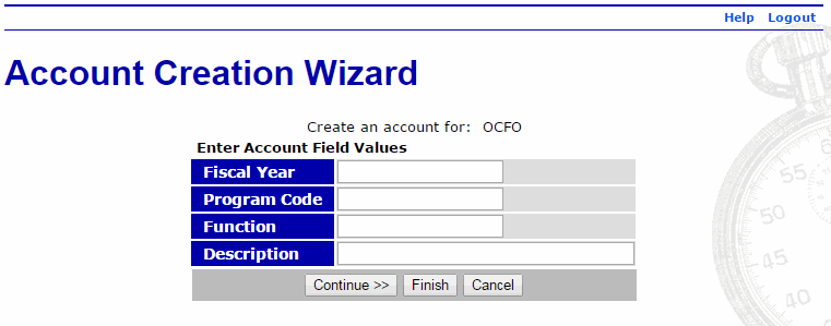Account Creation Wizard Page