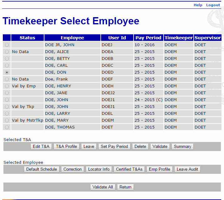 Timekeeper Select Employee Page - Employee Selected