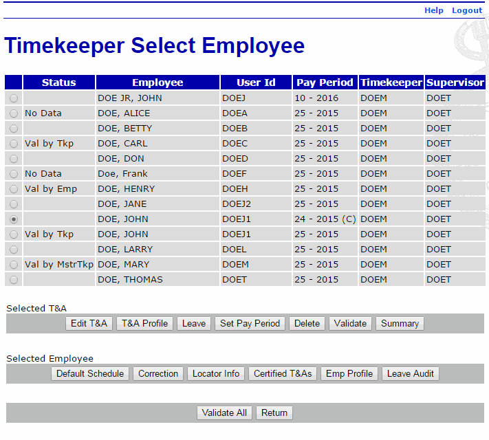 Timekeeper Select Employee Page -Before Delete