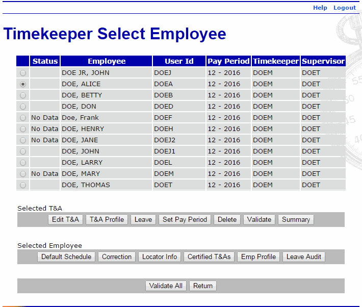 Timekeeper Select Employee Page