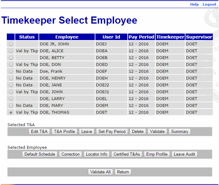 Timekeeper Select Employee Page - Showing Validation by Timekeeper