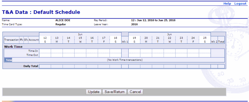 T&A Data: Default Schedule Page