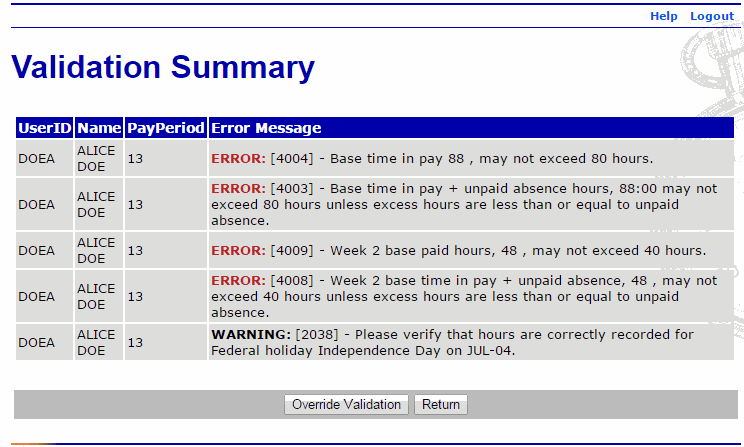 Validation Summary Page - Override