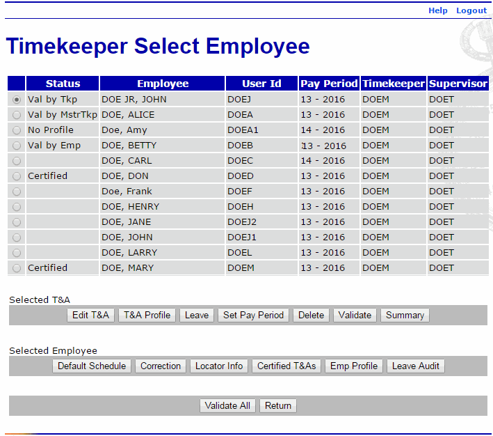 Timekeeper Select Employee Page