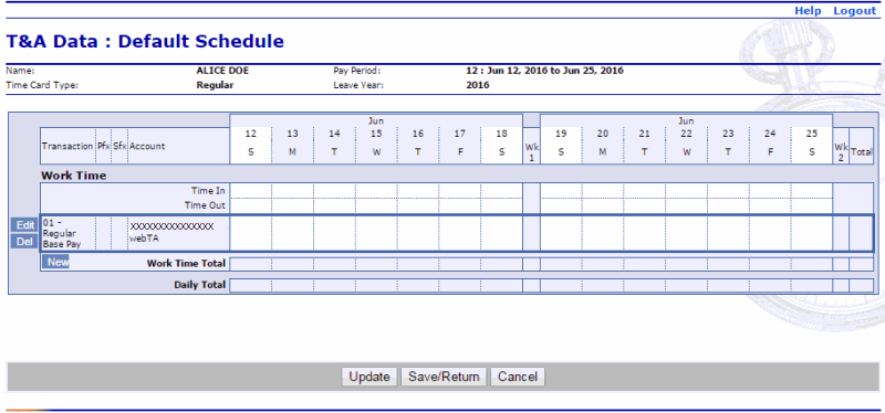 T&A Data Default Schedule Page - TC Added