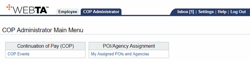 COP Administrator Main Menu Page